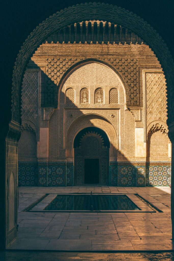 Golden-hour light in the Ben Youssef Madrasa courtyard, Marrakech, Morocco